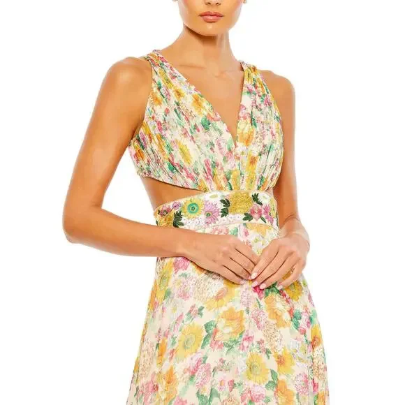 Mac Duggal 9174 Long Formal Multicolored Floral Print Chiffon Gown Dress Size 10